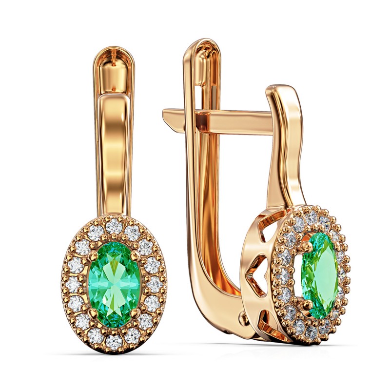 Золоті сережки зі смарагдом і фіанітами. Артикул: 010460